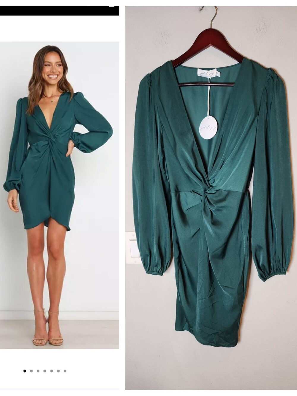 NWT Petal + Pup Kataleya Dress Green Lightweight Satin Stretch Waist Size 6